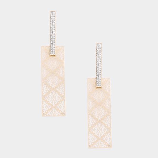FILIGREE PATTERN RECTANGLE CRYSTAL EARRING