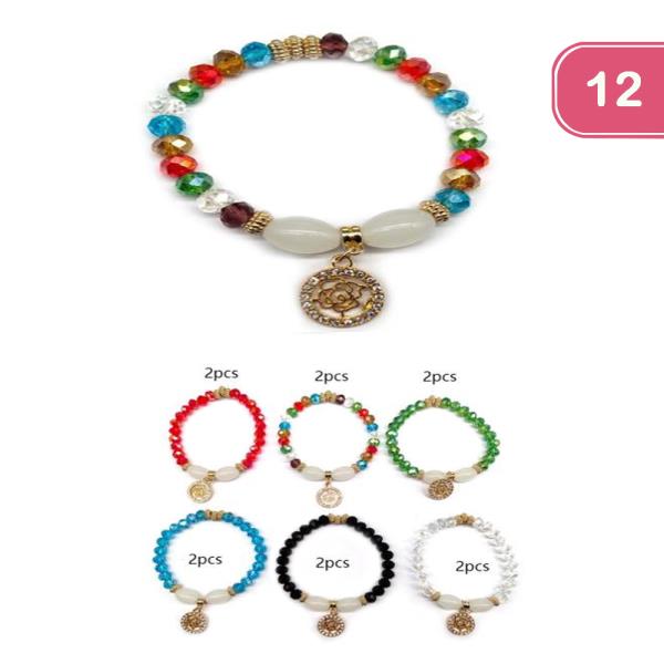 GLASS BEAD ROSE CHARM BRACELET (12 UNITS)
