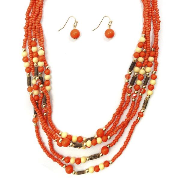 LAYERED WOOD & SEED BEAD NECKLACE EARRING SET