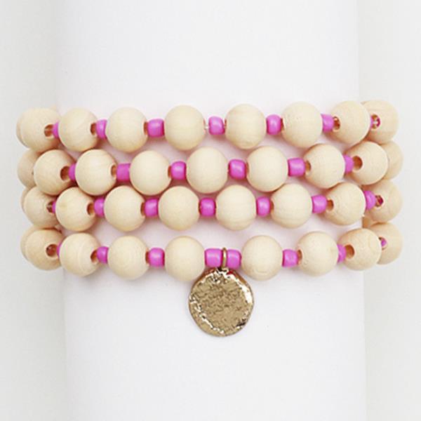 HAMMERED COIN WOOD BEAD BRACELET SET