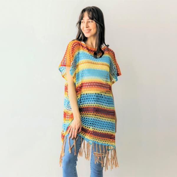COLOR BLOCK OPEN WEAVE PONCHO WITH TASSELS