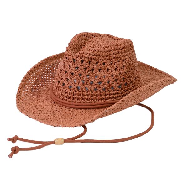 CC PAPER STRAW OPEN WEAVED COWBOY HAT WITH CHIN STRAP