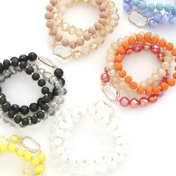 3 ROW WOOD BEAD OCTAGON SHAPE STRETCH BRACELET