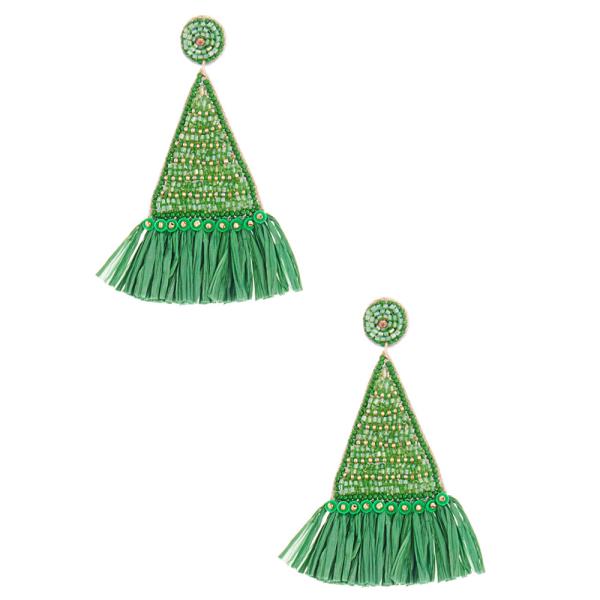 TRIANGLE SHAPED MIXED BEAD RAFFIA EARRING