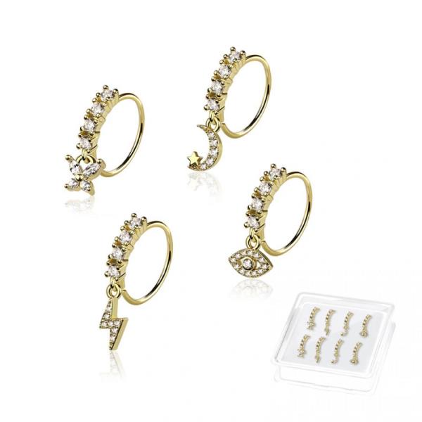 8PCS OF ASSORTED CZ DANGLE 316L SURGICAL STEEL O-RING NOSE HOOP BOX