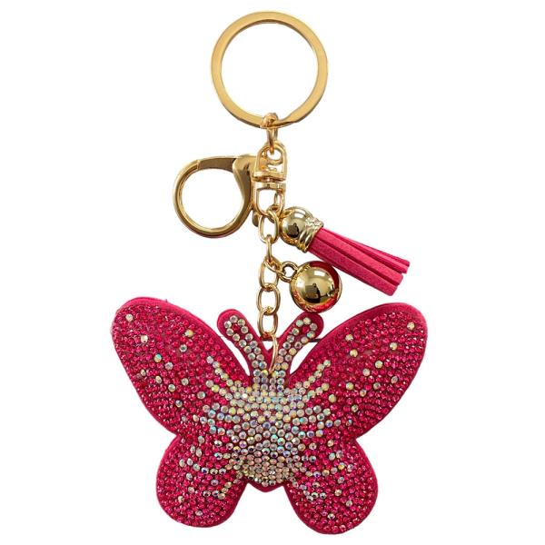 BUTTERFLY PUFFY RHINESTONE TASSEL KEYCHAIN