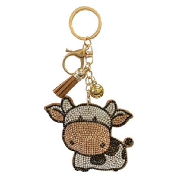 COW PUFFY RHINESTONE TASSEL KEYCHAIN