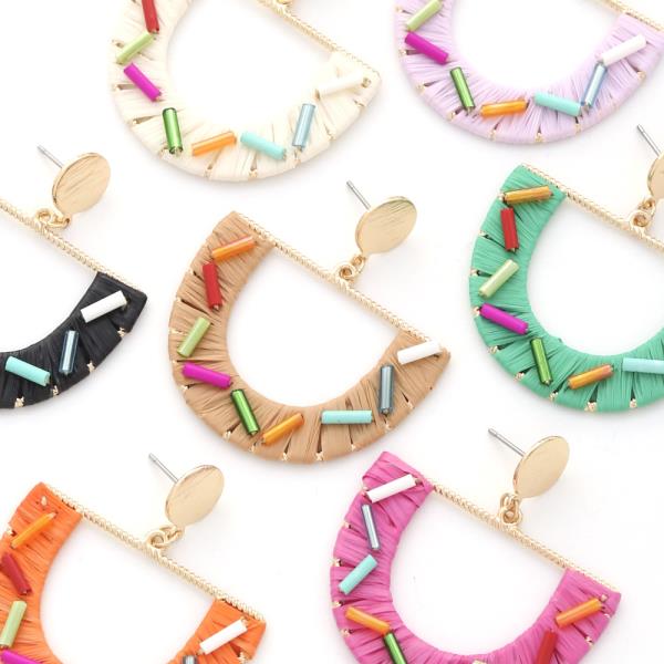 HALF CIRCLE RAFFIA WRAPPED DANGLE EARRING