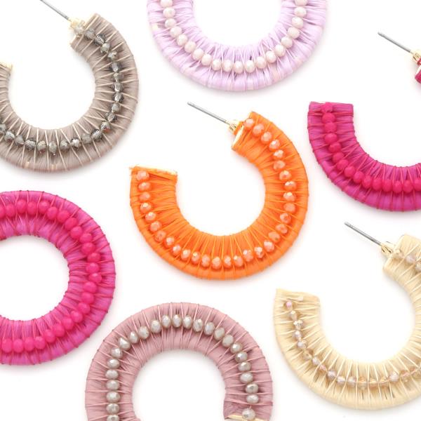 RAFFIA WRAPPED BEADED OPEN CIRCLE EARRING