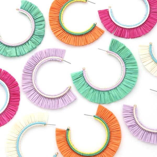 RAFFIA EDGE SEED BEAD OPEN HOOP EARRING
