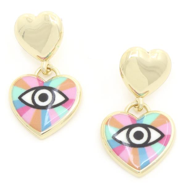 DOUBLE HEART EYE POST DANGLE EARRING