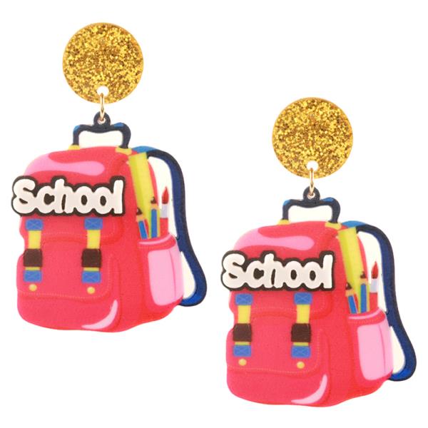 ACRYLIC SCHOOL BACKPACK DANGLE EARRING
