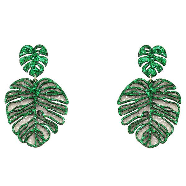 GLITTER TROPICAL LEAF DANGLE EARRING