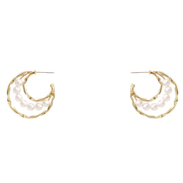 PEARL BEAD HAMMERED METAL OPEN HOOP EARRING