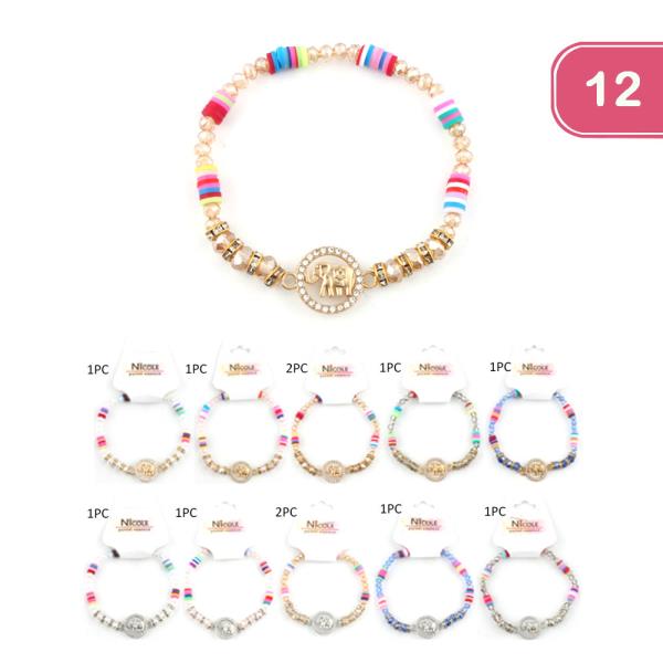 ELEPHANT BEAD RHINESTONE BRACELET (12 UNITS)
