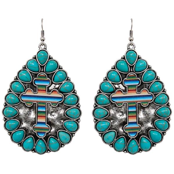 CROSS BEADED TEARDROP DANGLE EARRING
