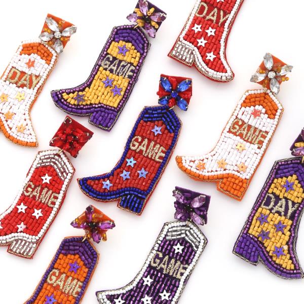 COLLEGIATE SEED BEAD GAME DAY BOOT DANGLE EARRING