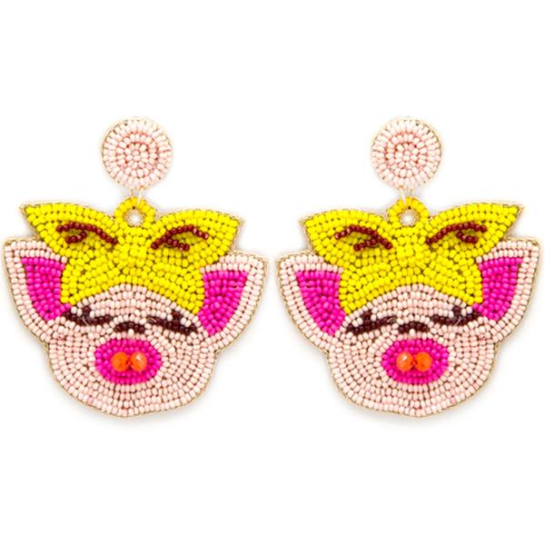 SEED BEAD PIG DANGLE EARRING