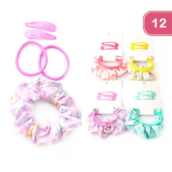 FLORAL SCRUNCHIE TIE CLIP SET (12 UNITS)