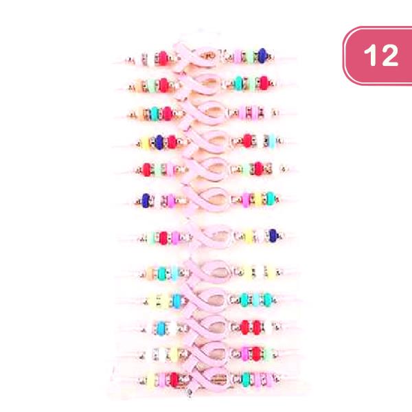 CANCER PINK RIBBON BEAD TASSEL BRACELET (12 UNITS)