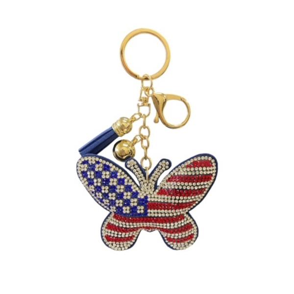 AMERICAN FLAG BUTTERFLY RHINESTONE TASSEL KEYCHAIN