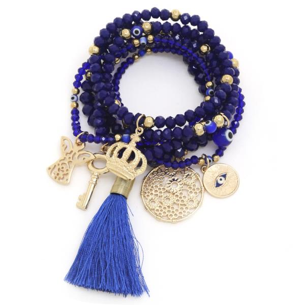 CROWN CHARM TASSEL BEADED BRACELET SET