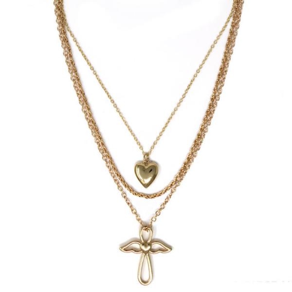 3 LAYERED METAL CHAIN CROSS PENDANT NECKLACE