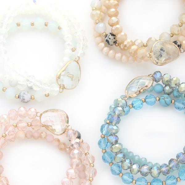CRYSTAL 3 ROW STONE BEADS STRETCH BRACELET