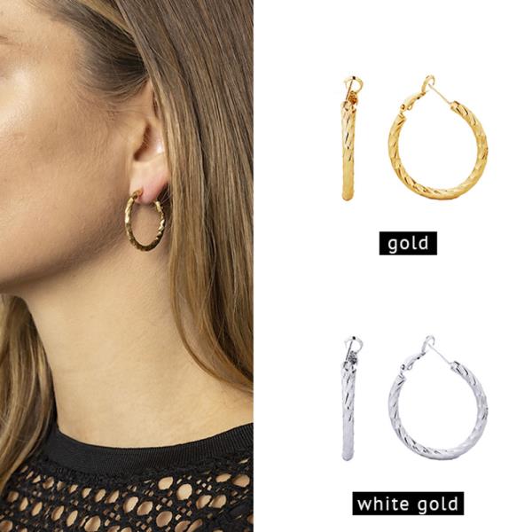 14K GOLD/WHITE GOLD DIPPPED OMEGA CLOSURE TEXTURED HOOP