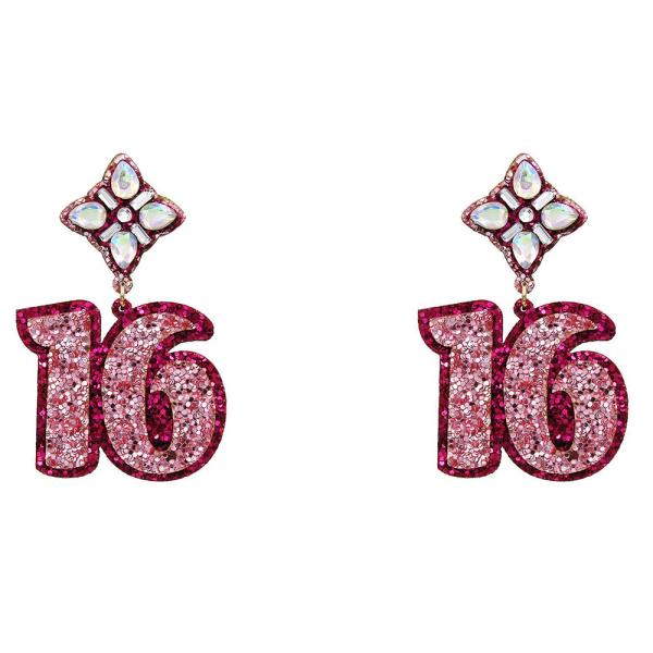 GLITTER 16 BIRTHDAY RHINESTONE DANGLE EARRING
