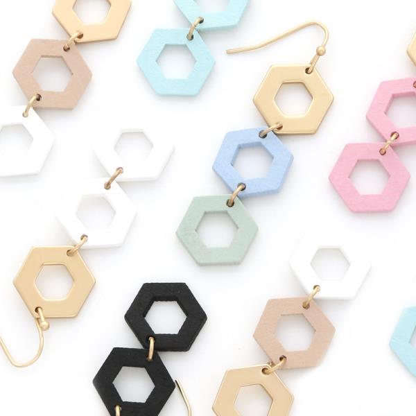 COLOR WOOD TRIPLE HEXAGON SHAPE DANGLE EARRING