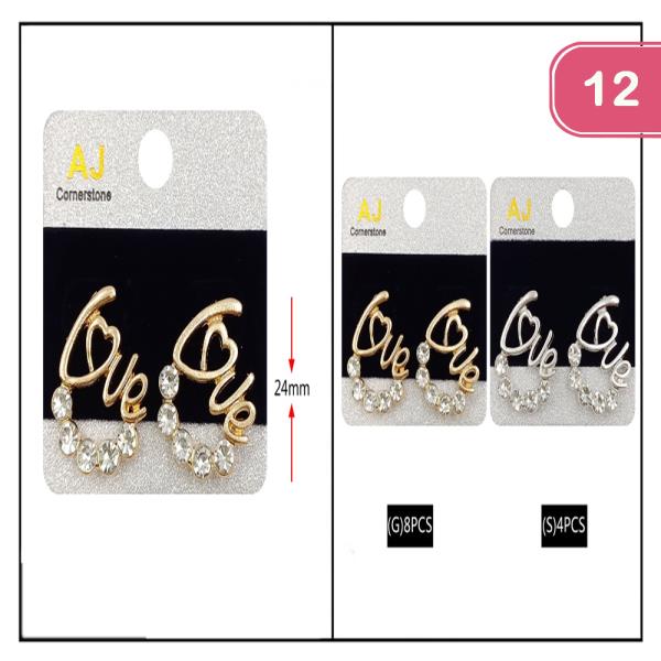 LOVE METAL RHINESTONE STUD EARRING (12 UNITS)