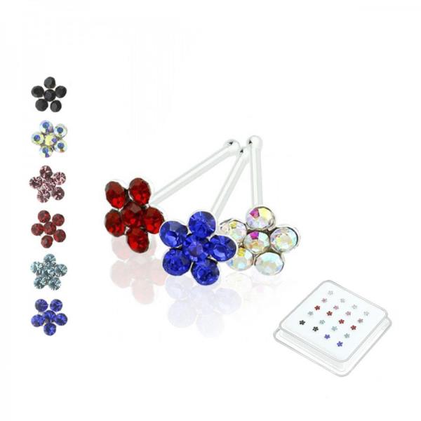 20PCS OF 925 STERLING SILVER NOSE BONE WITH FLOWER MIXED COLOR GEM