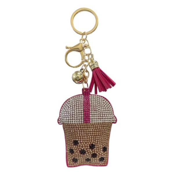RHINESTONE BOBA TEA KEYCHAIN WITH TASSEL