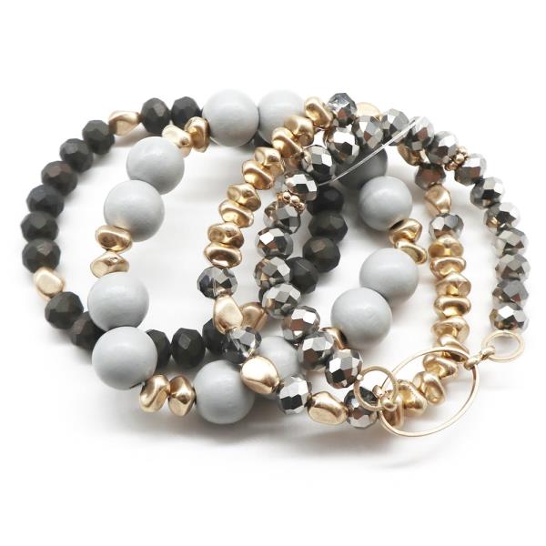 WOOD METAL MIX BEAD STRETCH BRACELET SET