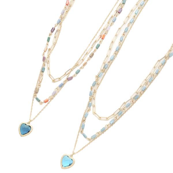 MULTI BEAD METAL 2 LAYERED CHAIN HEART PENDANT NECKLACE