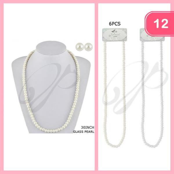 GLASS STRING PEARL BEAD NECKLACE EARRING SET (12UNITS)