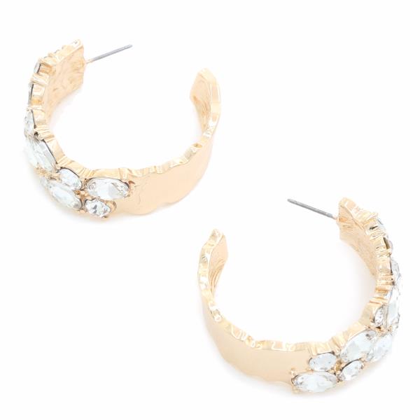 METAL STONE STUDDED C HOOP EARRING