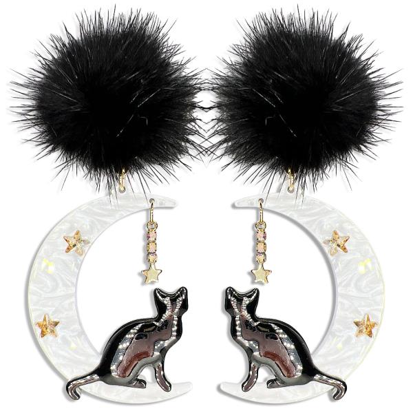 HALLOWEEN  ACETATE BK MINK POM POM CAT EARRING