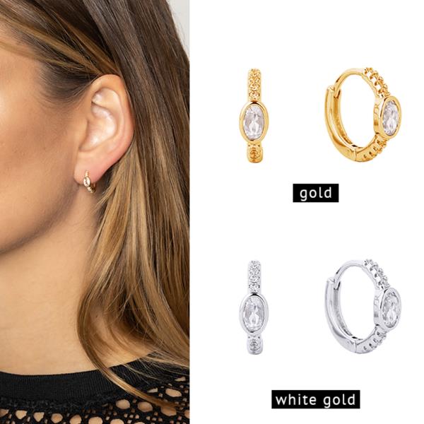 14K GOLD/WHITE GOLD DIPPED HUGGIE HOOP CZ PAVED EARRING