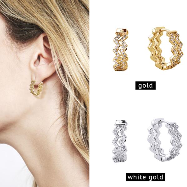 14K GOLD/WHITE GOLD DIPPED HUGGIE HOOP CZ PAVED EARRING