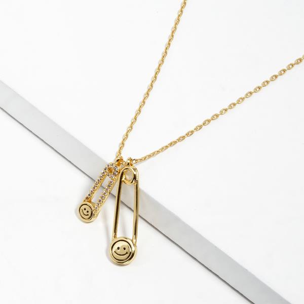 SMILEY FACE DOUBLE SAFETY PIN CHARM NECKLACE