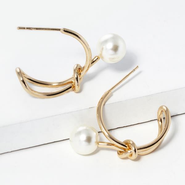CZ GOLD DIPPED HEART PEARL BEAD OPEN HOOP EARRING