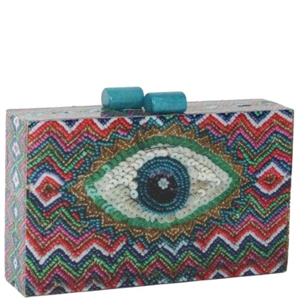FASHION EYE THEME SEED BEAD SEQUINS PATTERN PRINT ACRYLIC CLUTCH HANDBAG