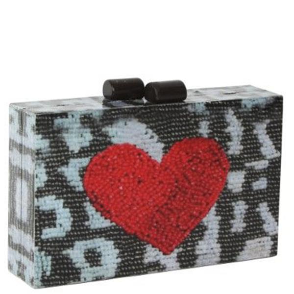 HEART SEED BEAD THEME PRINT ACRYLIC CLUTCH HANDBAG