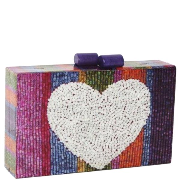 MULTI COLOR PATTERN SEED BEAD HEART THEME PRINT ACRYLIC CLUTCH HANDBAG