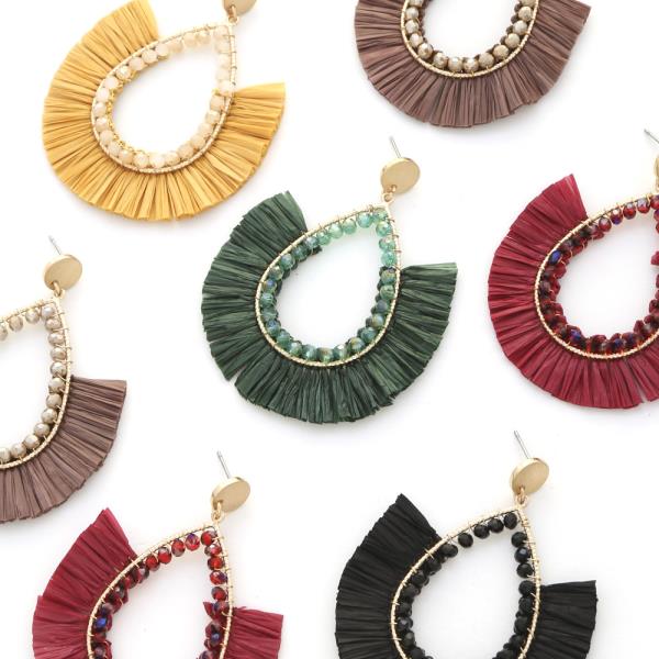 BEADED TEARDROP RAFFIA FAN TASSEL DANGLE EARRING
