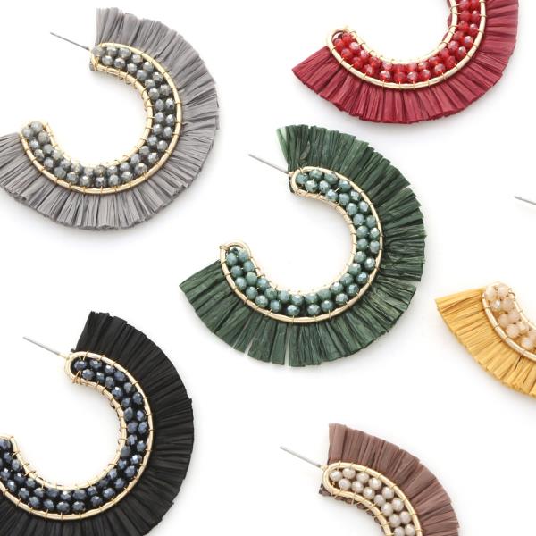 BEADED OPEN CIRCLE RAFFIA FAN EARRING