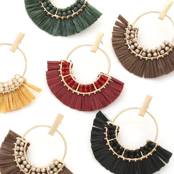 BEADED RAFFIA FAN TASSEL ROUND EARRING