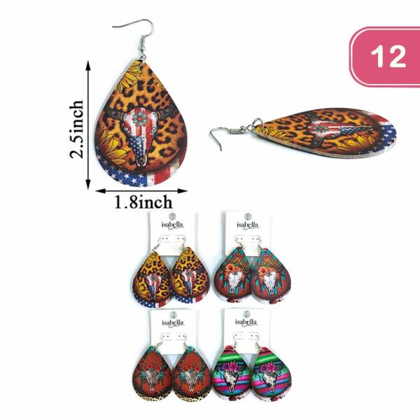 FASHION WESTERN BULL WITH SUNFLOWER LEOPARD PRINT EARRING(12UNITS)